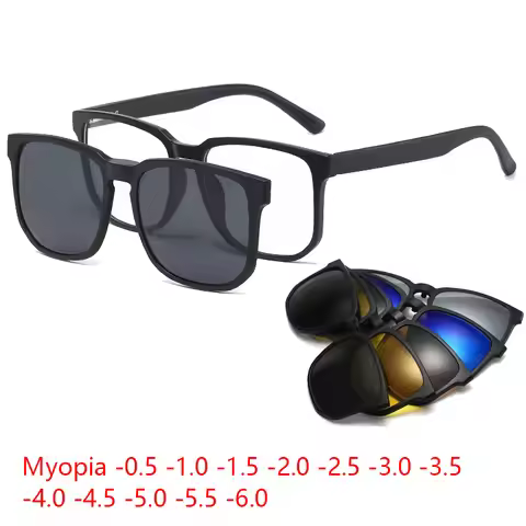 Retro 5+1 Polarized Myopia Clip Sunglasses Eyeglasses Frame Men Women Five Magnet Set Mirror 0 -1 -1