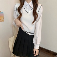 SA3017 -M'SIA Ready Stock Long Sleeve Knitted Material Women Top 港味chic假两件短款长袖衬衫针织上衣