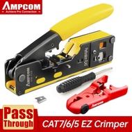 AMPCOM RJ45 RJ11 Pass Through Crimping Tool for Cat7/6A Cat6/5 Ethernet Modular Plugs Connectors With Stripper and Spare Blade