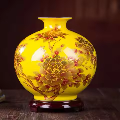 New Chinese Style Vase Jingdezhen Yellow Crystal Glaze Flower Vase Home Decor Handmade Shining Famil