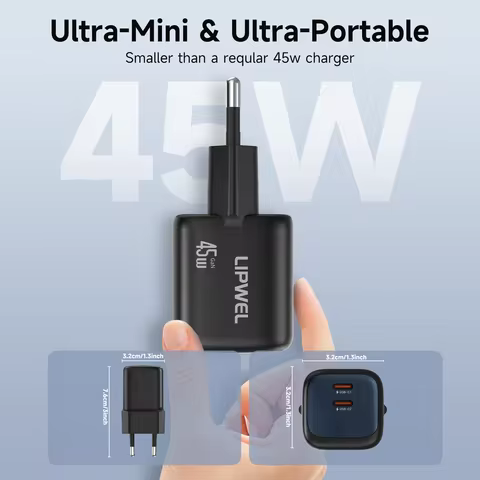 45W GaN Fast Charger, Dual USB-C PD 3.0 QC 3.0 Wall Charger, Ultra-Mini Portable Charger with 1m 60W