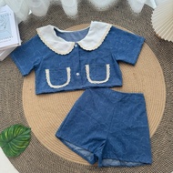 Set เสื้อกระเป๋าหน้ายีนส์+กางเกง Aw-1 🧸💖