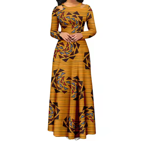 Afripride Casual Women's A-line Cotton Ankara Printed Fabric Long Sleeve Strapless Ankle Dress A2325