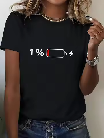 Shirt 1% Battery Print Graphic Casual T-Shirt Short Sleeve T Shirt Women's T-Shirt Clothing Top Tee 