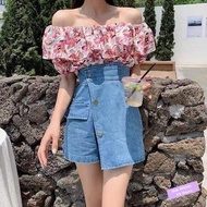 ✦Ready Stock✦ celana kulot wanita perempuan Irregular high-waisted denim shorts women's thin summer 2023 new thin and versatile pants short hakama tide