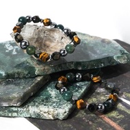 黃虎眼、水草瑪瑙、金曜石、鈦赫茲、黑膽石-穩定行動力防護手鍊