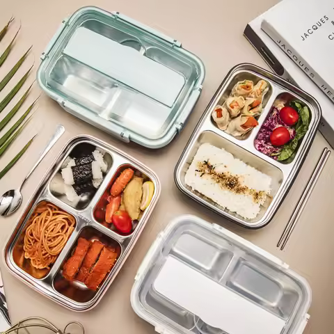 Stainless Steel Lunch Box Easy-Clean Bento Container For Students & Office Workers,Leak-Proof With 3