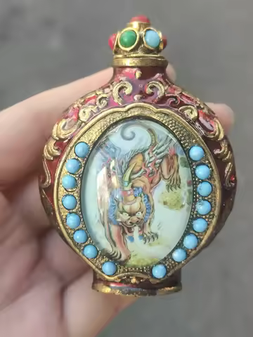 Tibetan handmade double-sided snuff bottle copper inlaid with turquoise cat's eye stone small bottle