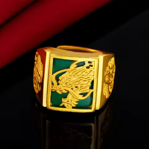 Men's 24K Gold Adjustable Gemstone Ring, AU999 | Engraved "Strength" with hidden bamboo motifs.