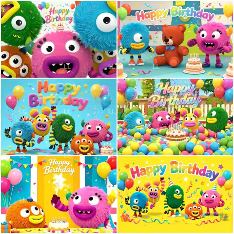 Cute M-Momonsters Fluffy Monster Backdrop Kid Birthday Party Decor Huhu Hehe Hihi Haha Hoho Photogra