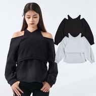 [ERSS] Women's Long-Sleeved Top Long-Sleeved T-shirt Strapless Cross Fake Two-Piece Black [K60362]