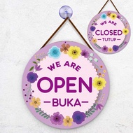 UNGU Open Closed sign board, mdf material, diameter 20cm, purple floral motif
