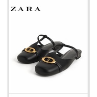 ZARA new fashion women's shoes shallow mouth single shoes simple back empty muller shoes square buckle metal round toe flat slippers