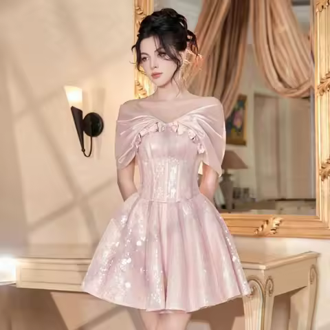 SERENDIPIDTY Off Shoulder Light Pink Sequins Cockatil Dress Shinny Sparkly Women Clothing Ever Prett