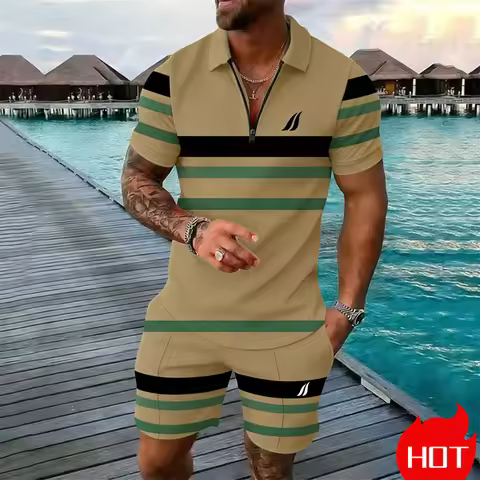 Man 2 Piece Set Summer Stripe Men Zipper Polo Shirt Set Leisure Vacation men's Suit Fashion Menswear