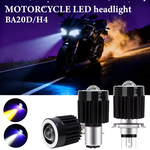1pc H4 BA20D LED Motorcycle Headlight Bulb with Lens Blue Angle Eye White Yellow Hi/Lo Beam 12V For 