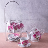 Tea set keramik shabby rose merah + rak stenliss