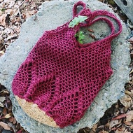 手作-酒紅鳳梨花朵漁網包-溫暖手編織麻繩包