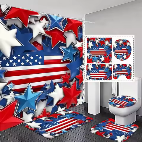 4 Piece Bathroom Set American Flag Stars Shower Curtain Set 71x71 Inch Polyester Curtain with 18x30 