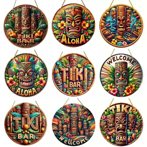 Hawaiian Tiki Mask Bar Sign, Round Wood Art Decoration for Home, Garage, Cafe, Restaurant, Bar, BBQ,
