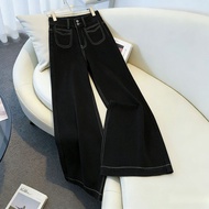 S-5XL~牛仔裤 长裤Long jeans pants blue black denim straight wide leg loose Korean style highwaist casual 