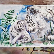 Cute White tigers artwork hand painted Watercolor painting on paper
