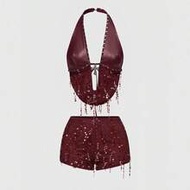 Party  Y2K Baddie Music Festival Outfit Metal Cross Pendant PU Patchwork Fishnet Beaded Halter Backl