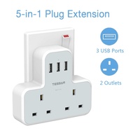 TESSAN TS221 2 Way Extension Plug Power Socket Adapter With 3 USB Port Output 3A Fast Charging Adaport Wall Socket  Extension Plug  13A UK 3 Pin Extension Power Socket （Gray-White）