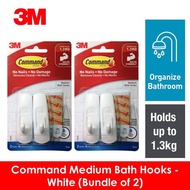3M Command White Medium Bath Hooks, 17001B, 2/Pack, Holds Up to 1.3kg, Water Resistant, Organize