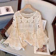 RUIHUAN | Áo Len Móc Viền Ren Boho Tay Chuông