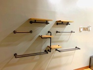 (Combo Set) 7 Piece Loft Style Natural Solid HardWood + Galvanized Iron Pipe Wall Mounted Rack.