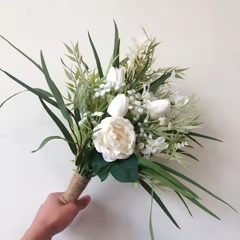 Ivory Poney with tulip Nature Real Feel Artificial Flower Hand Hold bouquet for Bridesmaid Cheap ram