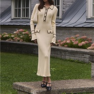 French Light Luxury Ruffled Knitted Dress 2025 Sweater Dress Lapel Skinny Mid-Length Dress bgt114.6.