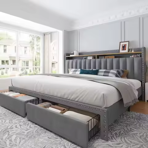 King Size Bed Frame with Storage and Headboard, Upholstered King Bed Frame with Storage, Grey King B