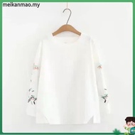 【M-4XL】Plus Size Blouse Embroidered Women's White Top Wanita Kemeja Cotton Retro Long-sleeved New T-