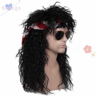 BORRAONE Halloween Party Cosplay Wig, Fluffy Punk 70s 80s Rockstar Wig, Long Curvy Mullet Wig