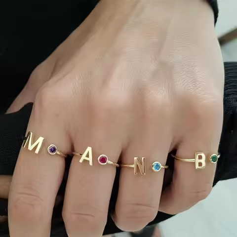Custom Initial Birthstone Ring Adjustable Name Letter Rings Personalized Stainless Steel Anel Birthd