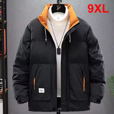 Winter Parkas Men 8XL 9XL Plus Size Thick Padded Jacket Coat Fashion Casual Cargo Plaid Parkas Male 
