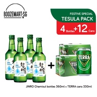 Tesula Bundle pack | 4 x 360ml JINRO Chamisul fresh soju bottle &amp; 12 x 355ml TERRA cans |