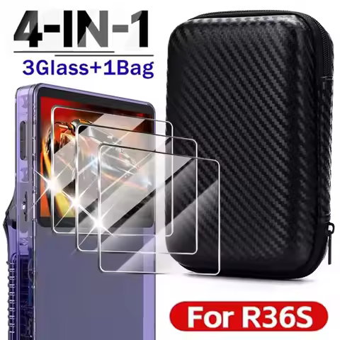 4 IN 1 Case+Glass for R36S Game Console Travel Carrying Storage Bag & Screen Protectors Tempered Gla