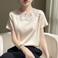 Chic Inner Wear เสื้อยืดแขนสั้นผู้หญิงหลวม Fit Chemise Snow Silk Vinegar Silk Crewneck Top สวมใส่ทุก