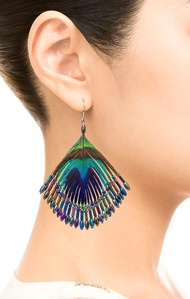 天然孔雀羽毛串琉璃珠造型耳飾