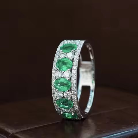 UBESTNICE Classic Real 18K White Gold Au750 Jewelry Eternity Band Natural Diamond Oval Muzo Emerald