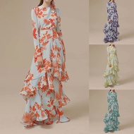 Autumn New Style European American Fashion Women's Printed Ruffled Dress Round Neck Long Sleeve Irre