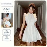 COQUI - Elegant lady's white ruffled shoulder Dress with high neck and bow embroidered short Dress R