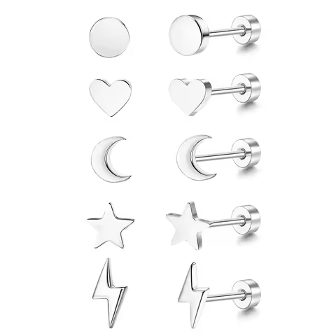 5 Pairs Small Flat Back Moon Heart Star Stud Earrings For Unisex Stainless Steel Earring Sets Tiny S