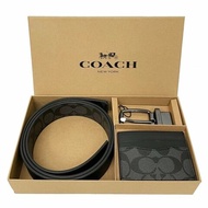 【全新】COACH 雙面用男款寬版皮帶名片卡夾禮盒(黑灰)