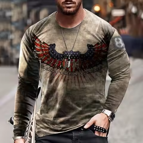 Vintage Men's T Shirt Long Sleeve Fall Tops Broken Flag Pattern 3D Printed War T Shirt Oversized Loo
