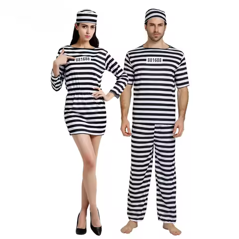 Halloween Prisoner Cosplay Costume Prison Inmate Men Striped Top Pants Women Dress Hat Party Perform