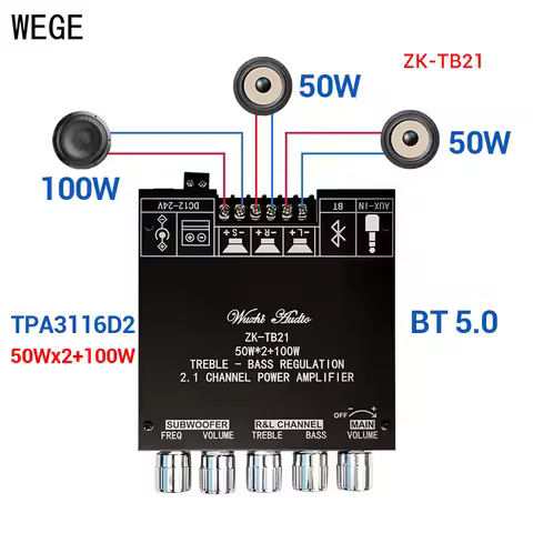 WEGE ZK-TB21 MT21S MT21 2.1 Channel 2*50W+100W TPA3116D2 BT Audio Amplifier Power Subwoofer Treble A
